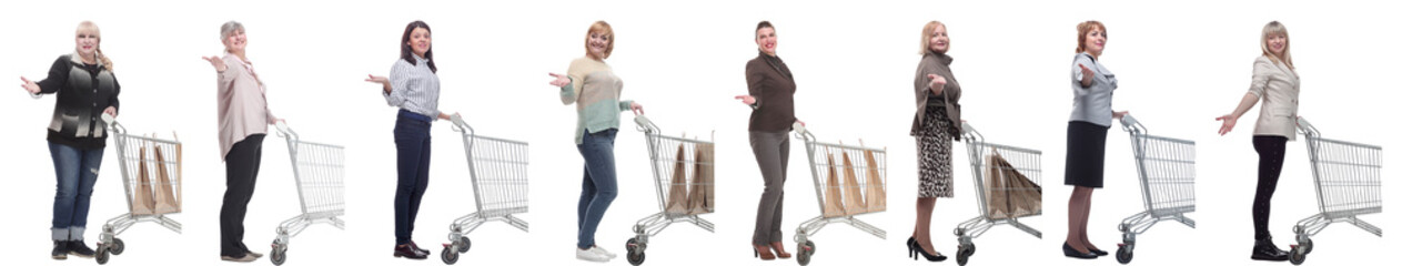 Wall Mural - group of people with shopping cart on white