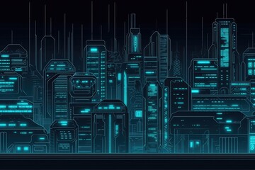 Poster - futuristic cityscape with vibrant neon lights shining in the darkness. Generative AI