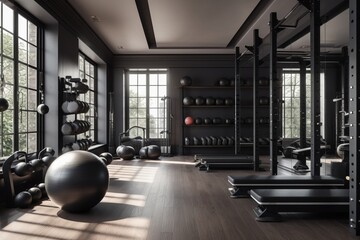 A pristine home gym with gleaming silver weight benches, dumbbells, an elliptical machine and punching bag against a background of designer sports bottles. Generative AI.