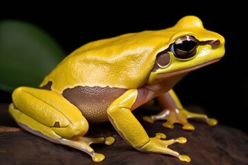 Sticker - yellow and brown frog perched on a tree branch. Generative AI