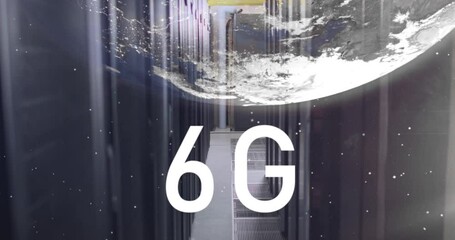 Poster - animation of globe and 6g text and dots over server room in background