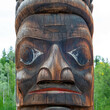 Totem pole close up of the Gitxsan First Nations natives, Ksan Historical Village, Hazelton, British Columbia, Canada.