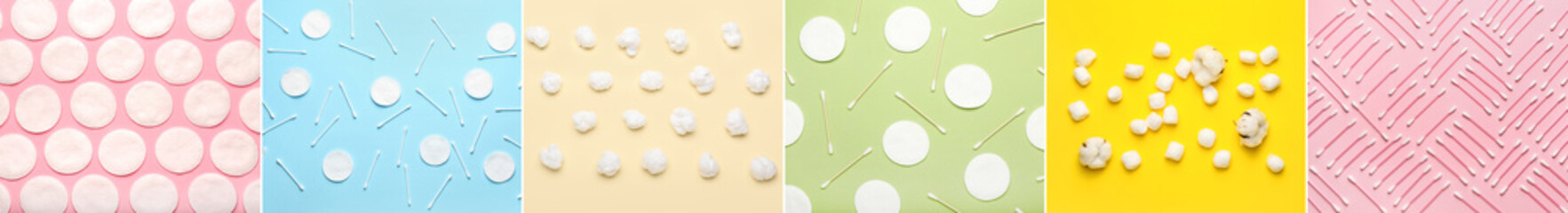 Wall Mural - Collage of cotton swabs with balls and pads on color background