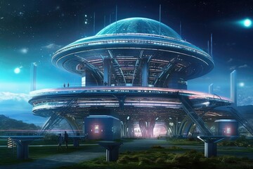 Poster - bustling futuristic city at night with pedestrians in motion. Generative AI