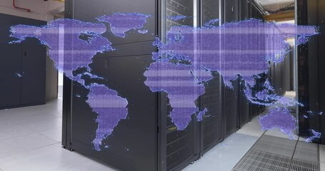 Poster - Animation of glitch effect over world map against computer server room