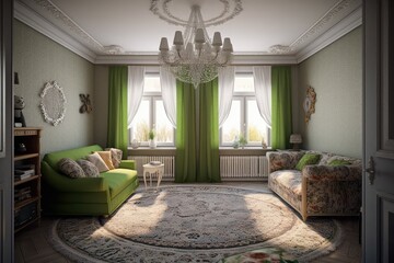 Wall Mural - Cozy Living Room with Elegant Green Curtains and a Beautiful Chandelier. Generative AI