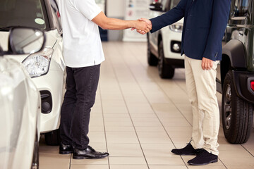 Wall Mural - Well make your car dreams come true. a car salesman shaking hands with a client on the showroom floor.