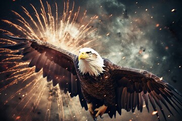 A bald eagle soaring through the sky, clutching the U.S. flag in its talons while hovering against a fireworks show. Generative AI