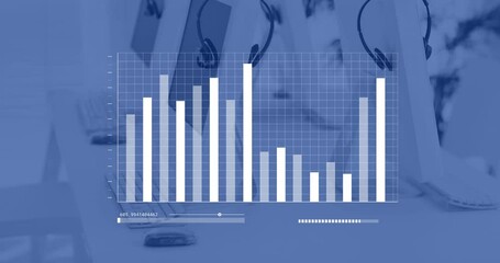 Poster - Blue and white graph processing data over computers and phone headsets on desks in empty office