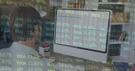 Poster - Animation of trading board over rear view of caucasian man analyzing data on desktop in office