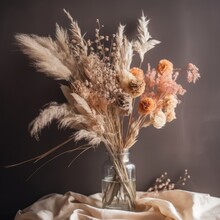 Dried Flower Bouquet With Pampas Grass And Wheat. Mother's Day Flowers Design Concept.