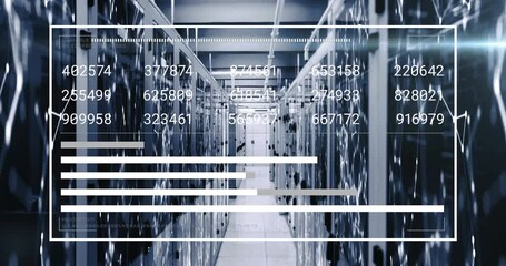 Poster - Animation of changing numbers, loading bars over connected dots against server room