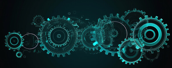 Abstract 3D gears on dark background. Concept of gear mechanics and cog mechanics. Digital polygonal mesh with points, lines and shapes. mechanical engineering wireframe. Generative AI