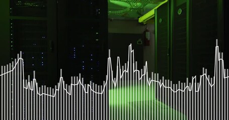 Wall Mural - White graph processing data over glowing servers in dark computer server room