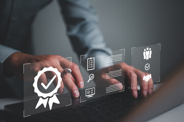 Fototapete - Businessman working with sign of the top service Quality assurance, Guarantee, Standards, ISO certification and standardization concept. Quality control for product and service.
