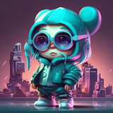 Fototapeta Natura - Cyberpunk Chic: 3D Character Design with Trendy Earphones, Sweaters, and a City Background generative ai