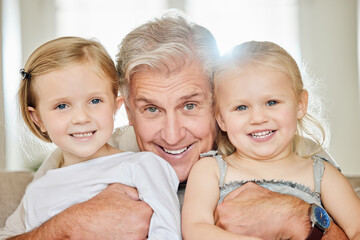 Poster - A man should never neglect his family for business. a grandpa and his granddaughters at home.