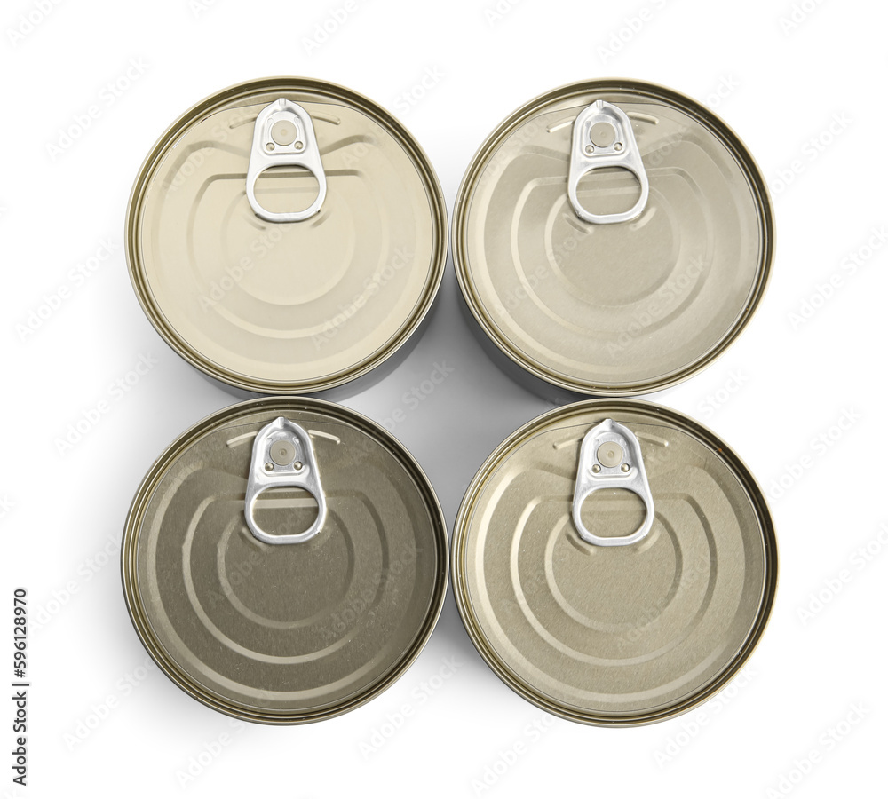 Tin cans with fish isolated on white background