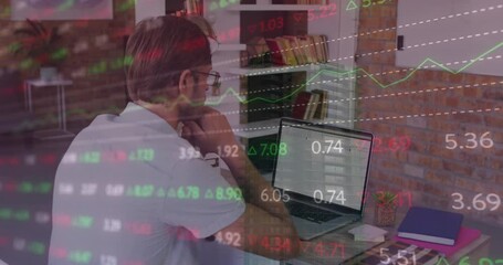 Poster - Animation of trading board over caucasian man analyzing reports over laptop at office