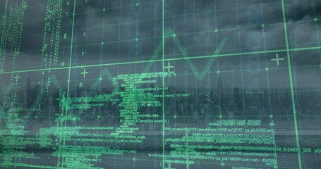 Poster - Animation of computer language over graph and modern cityscape against cloudy sky