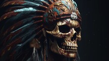 Skull Head Wearing Indian Chief Accessories, Digital Art Illustration, Generative AI