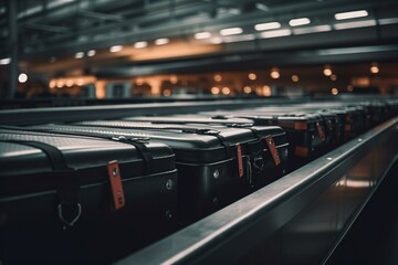 Luggage on conveyor belt at airport for airplane travel. Generative AI