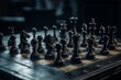 Abstract chess pieces on a chessboard representing competition, victory, and strategy. Generative AI