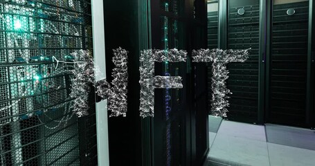 Poster - Animation of dots forming nft text over server racks in server room