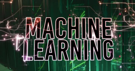 Poster - Animation of machine learning text over abstract patterns against illuminated server racks