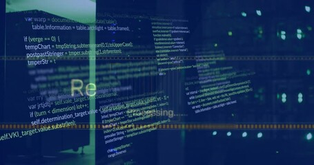 Poster - Animation of multiple texts and computer language over illuminated server racks in server room