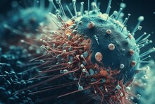 Close-up 3D Rendering Of Virus Under Microscope. Illustrating Infectious Diseases Caused By Viruses Such As Hepatitis, H1N1, HIV, Flu, AIDS. Concept Of Viral Disease. Generative AI