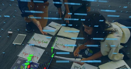Poster - Animation of data processing over diverse colleagues discussing while sitting on the floor at office