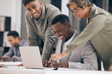 Poster - We work together to come up with great ideas. a group of businesspeople using a laptop at work.