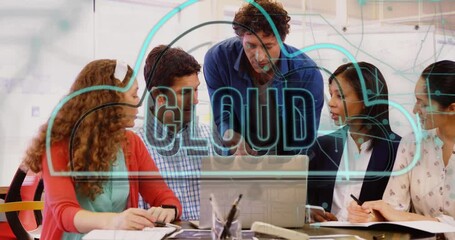 Poster - Animation of cloud text banner and icon against diverse colleagues discussing together at office