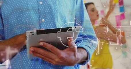 Poster - Animation of euro symbol and light trails over mid section of a man using digital tablet at office