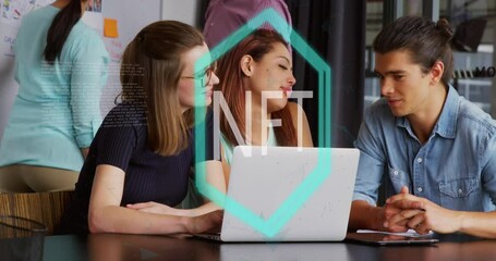 Poster - Animation of nft text banner against diverse colleagues discussing together at office