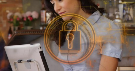 Poster - Animation of security padlock and light trails over biracial woman using digital tablet at a bar
