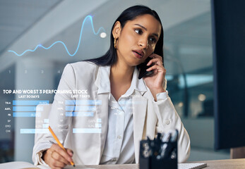 Aufkleber - I think nows a good time to invest. an attractive young businesswoman sitting in her office at night and using technology to follow the stock market.