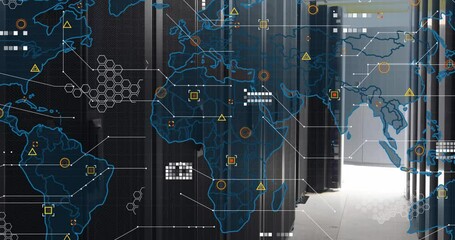 Poster - Animation of world map and data processing against empty computer server room