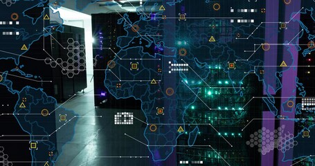 Poster - Animation of world map and data processing against empty computer server room