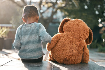 Canvas Print - Just me and my teddy. a little boy sitting next to his teddy bear.