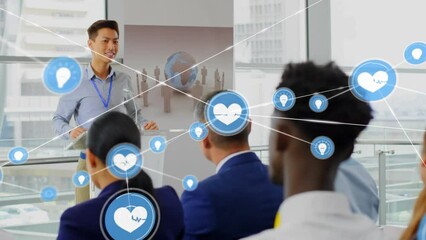 Poster - Animation of network of digital icons over asian businessman standing on a podium at a conference