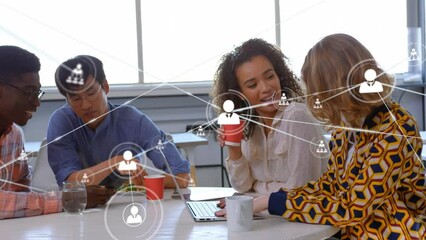 Poster - Animation of network of profile icons over diverse colleagues discussing together at office