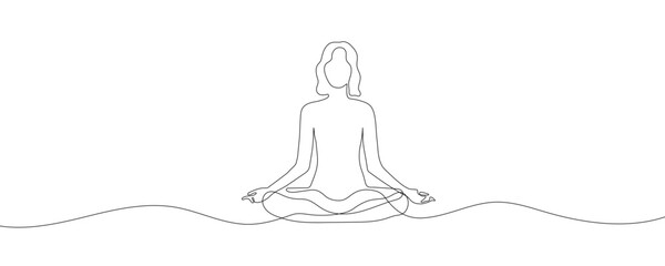 Woman sitting in lotus yoga pose. Continuous one line drawing on white background