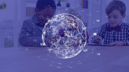 Poster - Animation of connected dots forming globe with numbers over diverse children using digital tablet