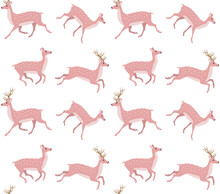 Vector Seamless Pattern Of Flat Hand Drawn Pink Deer Isolated On White Background