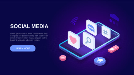 Poster - Social media concept. Reactions, likes and emoji in instant messengers and social networks. Communication and interaction on Internet. Smartphone with icons. Cartoon isometric vector illustration