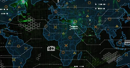 Poster - Animation of world map and data processing against close up of a computer server