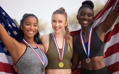 Poster - Win together, lose together. Cropped portrait of three attractive young female athletes celebrating their countries victory.