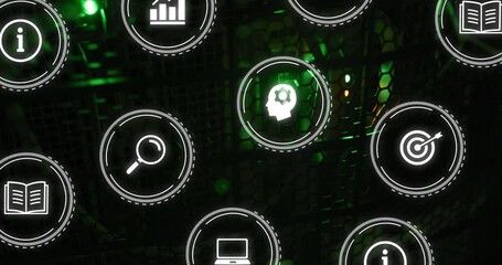 Poster - animation of multiple digital icons against close up of a computer server